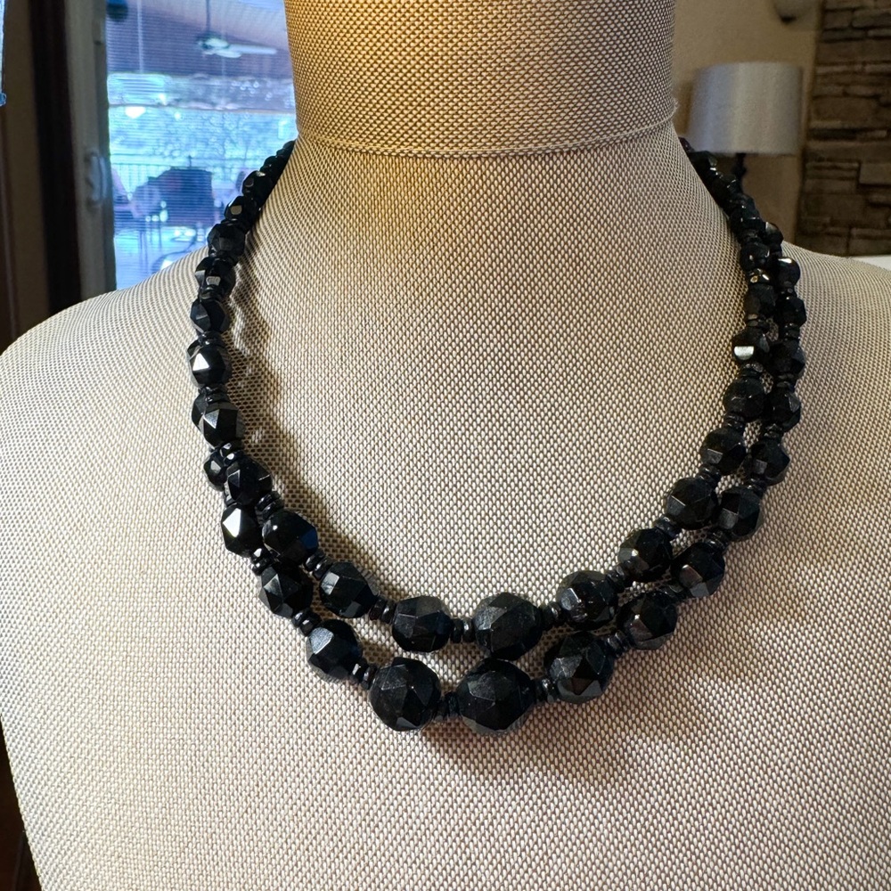 Vintage Vendome Black Faceted Glass Bead Necklace Double Strand Signed Statement